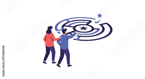 Mentor guiding a colleague or employee through a complex maze to find a solution or achieve a difficult business goal.