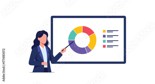Professional businesswoman giving a presentation, pointing to a colorful donut chart on a screen to explain data insights.