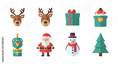 Eight festive icons show reindeer a gift treat toy Santa snowman and tree all flat designs on a white background