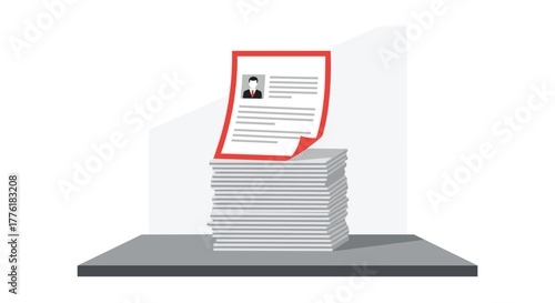 Standout resume with a red border on top of a large stack of applications, representing the best candidate being chosen.