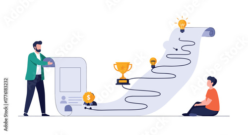 Mentor outlining a career development plan with key milestones like financial goals, achievements, and innovative ideas.