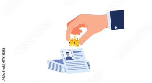 Recruiter placing a crown on a candidate's resume, selecting the best applicant for a leadership position or key role.