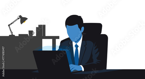Businessman working late at night on a laptop in a dark office, with the screen illuminating his face a bright blue.