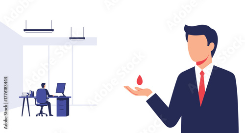 Metaphorical concept of business sacrifice or effort, showing an office worker and a leader holding a drop of blood.