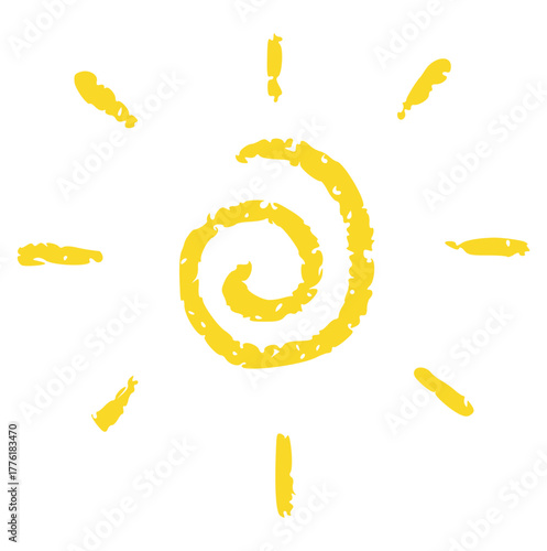 hand drawn crayon vector of a spiral sun with rays. Rough texture doodle element perfect for summer background, weather forecast, cosmic theme, or childish sticker design
