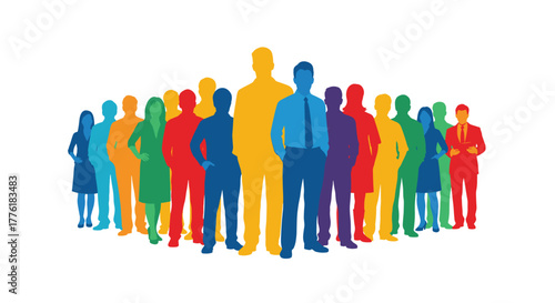 Diverse group of professionals and business people standing together as a team, rendered in vibrant colorful silhouettes.