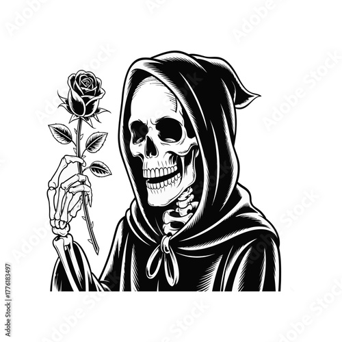 Grim reaper skeleton holding a single rose in a dark hood