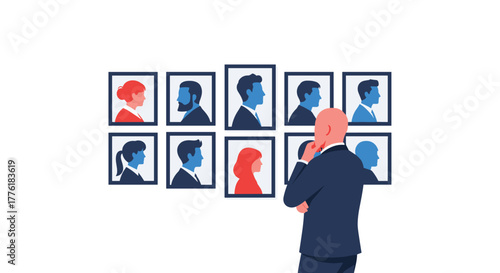 Human resources manager thoughtfully evaluating framed portraits of job candidates on a wall for a hiring decision.