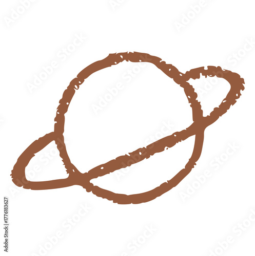 Hand drawn outline Planet Saturn with ring in brown crayon style. Space, galaxy, and cosmic doodle element. Cute astronomical sketch for education, kids' books, and sci-fi prints. Vector illustration.