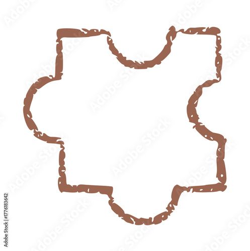 Hand drawn single jigsaw puzzle piece doodle in brown crayon style. Teamwork, solution, and connection element sketch. Simple icon for kids' learning games, education, and business prints.