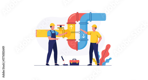 Two engineers or plumbers working together to connect industrial pipes, representing collaboration, process, and workflow.