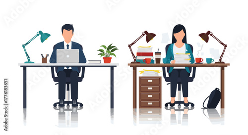 Business concept showing workload disparity with a relaxed male employee at a clean desk and an overworked female colleague buried in paperwork.