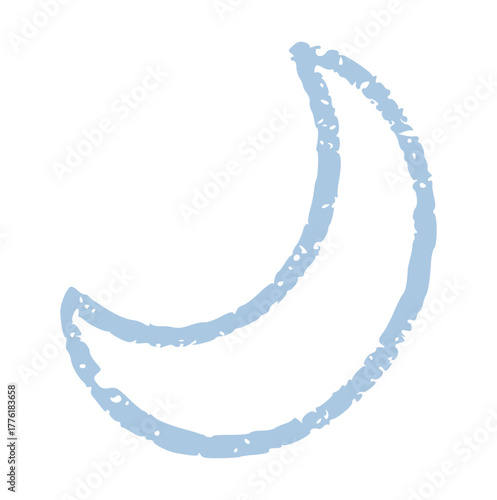 Hand drawn crescent moon doodle in light blue crayon style. Night sky, sleep, and dreamy element sketch. Cute astrological icon for kids' bedtime stories and baby nursery prints. Vector illustration.