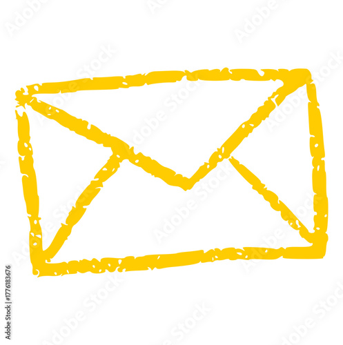 Hand drawn outline mail envelope in yellow crayon style. Communication and contact doodle icon. Letter or message symbol sketch for kids' projects, apps, and stationery. Cute vector illustration.