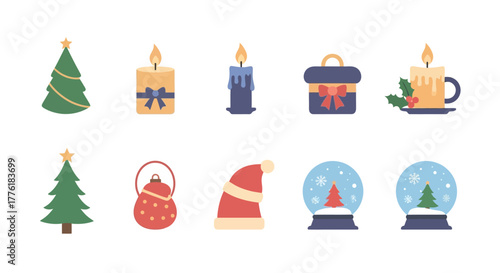 Festive vector art shows diverse Christmas icons trees candles a present hat bauble and snow globes