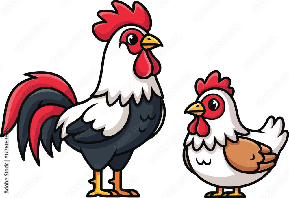 Fototapeta premium Rooster and hen cartoon animals farm birds domestic poultry barnyard nature wildlife isolated on transparent background