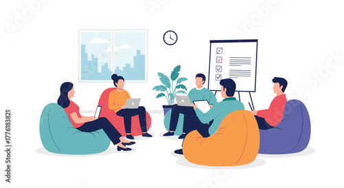 Creative team having an informal brainstorming session while sitting on beanbags in a modern, relaxed office environment.