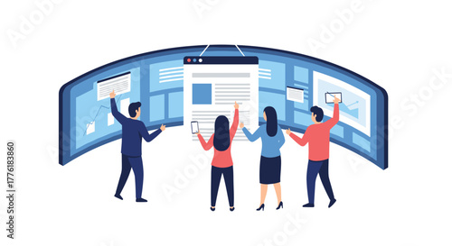 Business team collaborating and analyzing data on a large curved multi-screen interface in a modern digital control room.