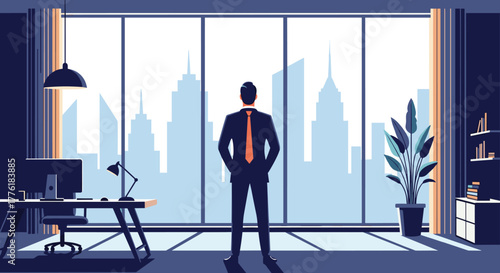 Successful businessman looking out of his modern office window at the city skyline, contemplating future business strategy.