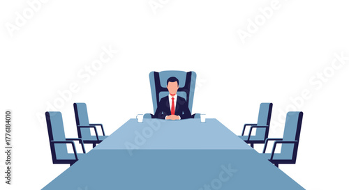 Leader, CEO, or manager sitting confidently at the head of an empty conference table, awaiting a corporate board meeting.