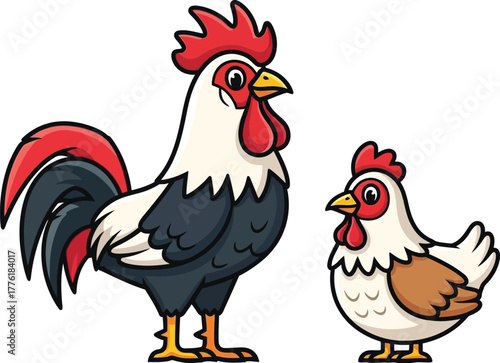 Charming cartoon rooster and hen farm animal art perfect for countryside designs isolated on transparent background