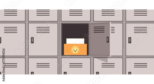 Open school or gym locker revealing a special box with a happy star, representing a reward, secret, or great achievement.