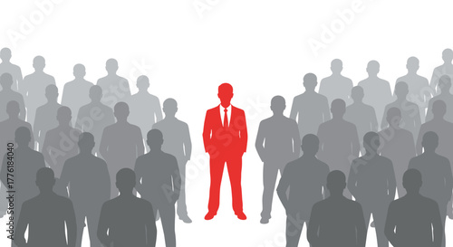 Red silhouette of a leader or unique candidate standing out in the middle of a grey crowd, representing individuality.