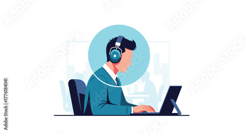 Focused businessman wearing headphones while working on a laptop in a busy office to improve concentration and productivity.