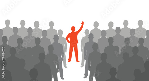 Unique individual in red waving and standing out from a large crowd of grey people, symbolizing leadership and identity.