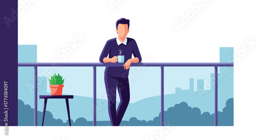 Young businessman taking a relaxing coffee break on the office balcony, enjoying the panoramic view of the city skyline.