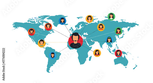 Global customer support network concept with a call center agent connected to people across the entire world map.