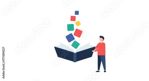 Young man holding an open book with colorful squares floating out, representing the acquisition of knowledge, learning, and new ideas.