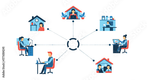 Global remote work concept showing a network of employees connected to a central hub while working from home offices.
