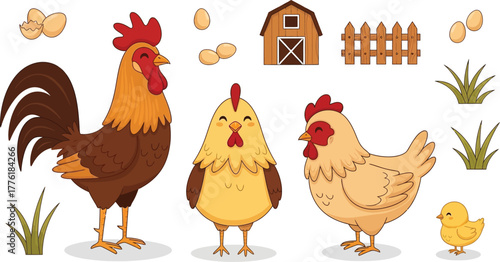Charming farmyard scene with rooster hen chickens barn and fence detailed elements isolated on transparent background