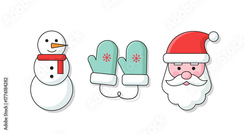 Holiday icons snowman mittens Santa Claus head