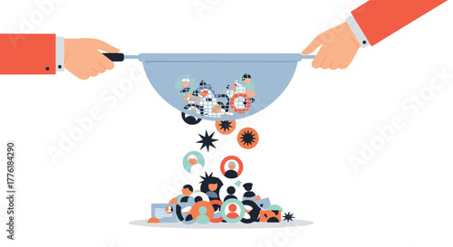 Human resources concept showing hands using a sieve to filter and select the best candidates from a large applicant pool.