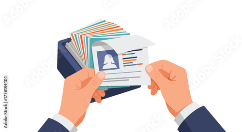 Hands flipping through a stack of candidate profiles or business cards in a wallet, searching for the right contact.