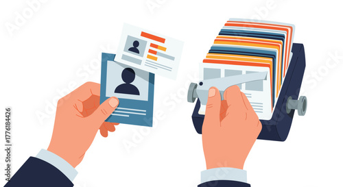 Hands searching for a contact card in a rolodex file, illustrating the process of finding and organizing business contacts.