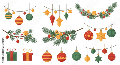 Holidaythemed graphics show fir branches ornaments gift boxes  stars on a white background