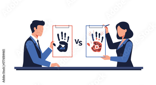 Man and woman in a creative competition or debate, comparing a simple handprint against an elaborately decorated one.