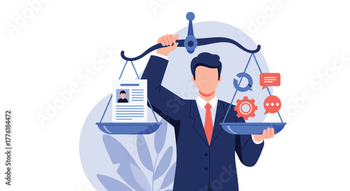 Businessman holding scales of justice, balancing a candidate's resume against a set of required skills and competencies.