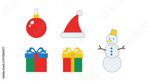 Illustration with a red ornament Santa hat two gifts  a snowman on a white background