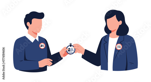 Two colleagues exchanging branded badges, symbolizing networking, conference attendance, or joining a new team or company.