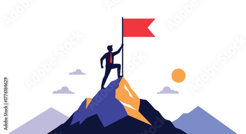 Silhouette of a successful businessman planting a red flag on a mountain peak, symbolizing achievement, leadership, and reaching goals.