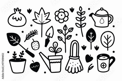 Playful Gardening Doodles: Plants Tools Seeds Watering Can Gloves Flower Pot and Mug Illustration