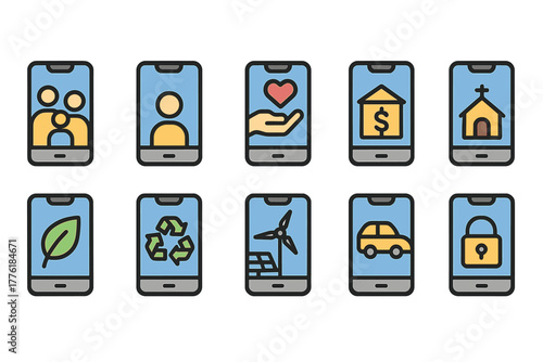 Icons Set on Smartphone Screens in Flat Design Style