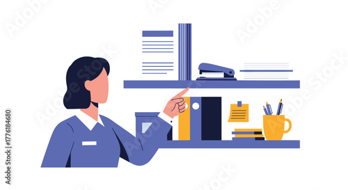 Female office worker organizing binders, sticky notes, and supplies on a shelf, ensuring a tidy and efficient workspace.
