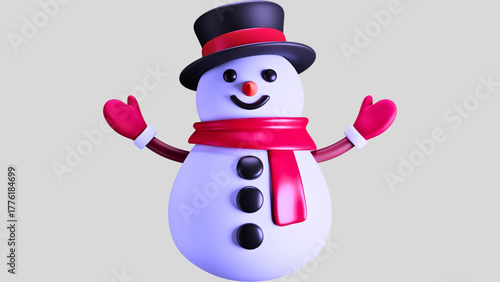 Joyful 3D snowman character wearing a festive top hat and red scarf, waving hello with a bright smile and rosy cheeks