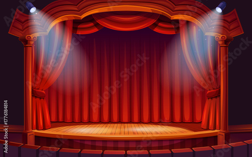 Theater stage with spotlights, curtain, and row of seats, vector illustration