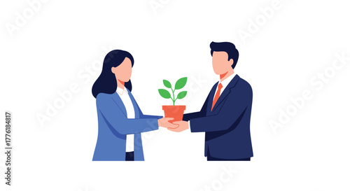 Male manager giving a small potted plant to a female colleague, symbolizing a new beginning, growth, or an eco-friendly gift.